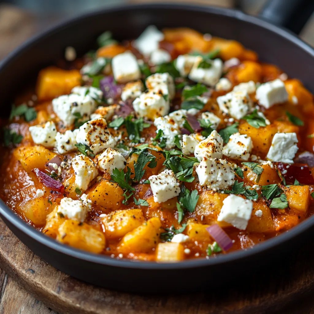 Kürbis aus dem Ofen mit Ahornsirup und Feta